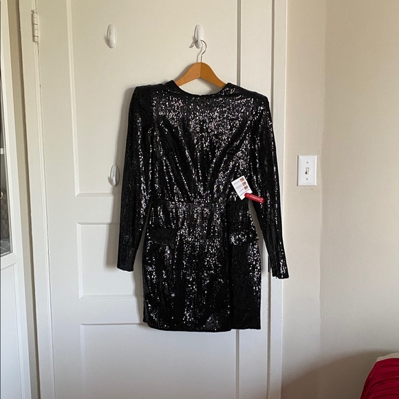 NWT Ieena for Mac Duggal Sequined Structured Faux Blazer Mini Dress in Black - Picture 5 of 8